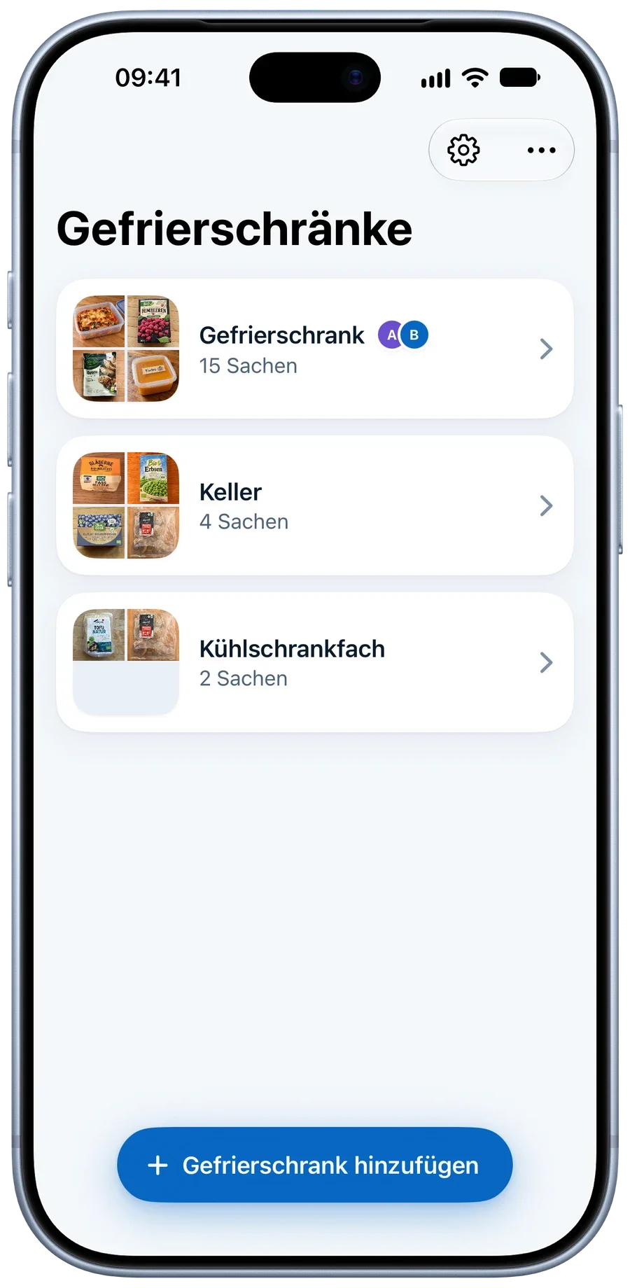 Freeza auf dem iPhone: drei Gefrierschränke mit Fotos ihres Inhalts
