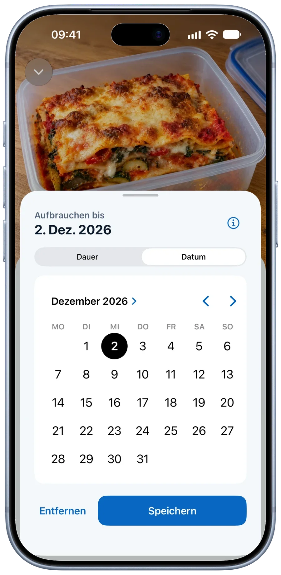 Das Datum, bis wann die Lasagne aufgebraucht sein soll, im Kalender